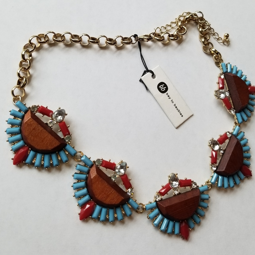 ❗Bay to Baubles Wooden Rhinestone Blue Red Tribal Style Statement Necklace❗